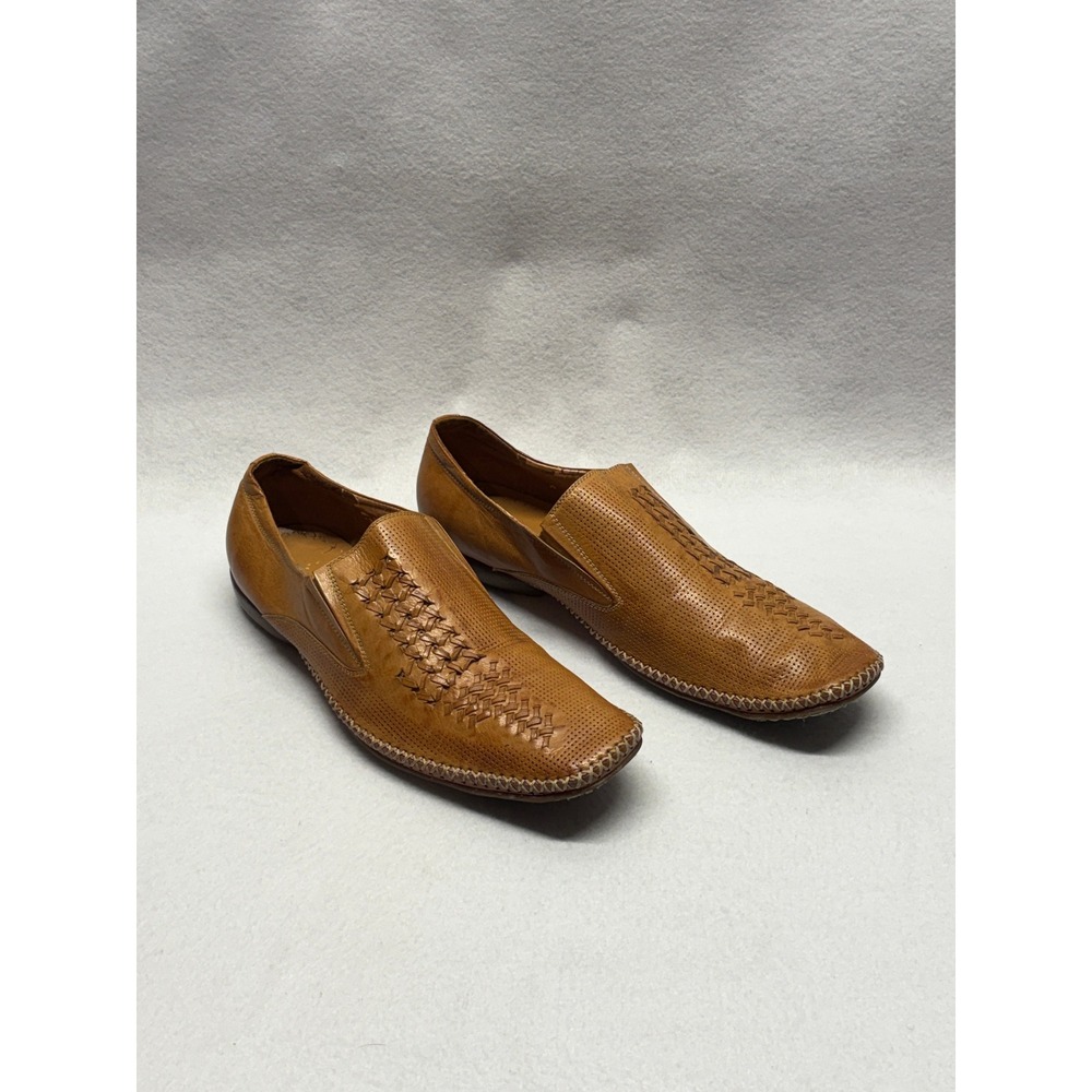 Jump for the People Mens Tan Leather Perforated Woven Slip On Loafers 10.5
